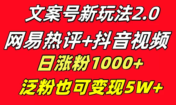 文案号新玩法 网易热评+抖音文案 一天涨粉1000+ 多种变现模式 泛粉也可变现-木子项目网