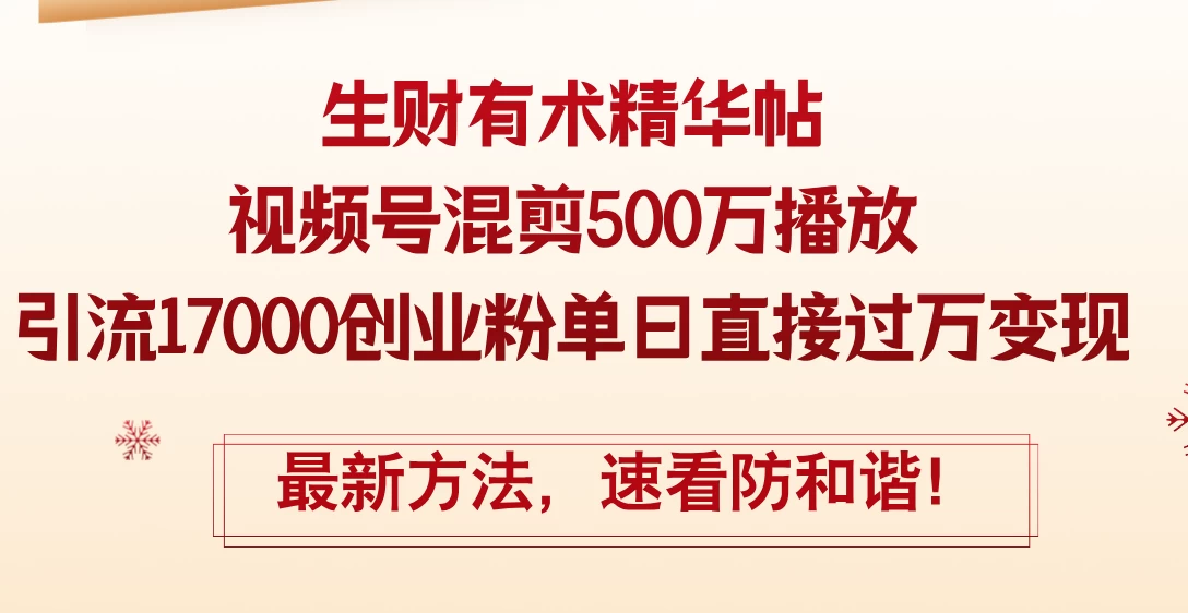 视频号混剪500万播放引流17000创业粉，单日直接过万变现-木子项目网