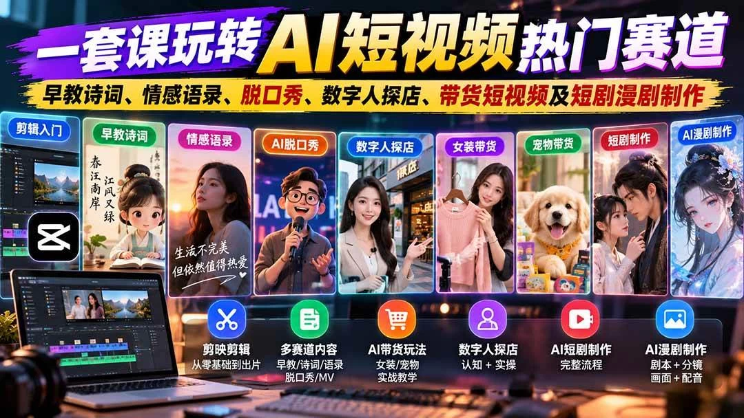 一套课玩转AI短视频热门赛道：早教诗词、情感语录、脱口秀、数字人探店、带货短视频及短剧漫剧制作 复制标题-木子项目网