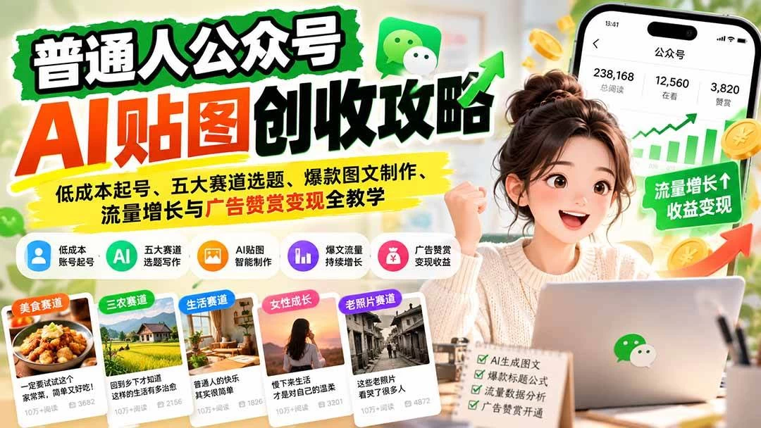 普通人公众号AI贴图创收攻略:低成本起号、五大赛道选题、爆款图文制作、流量增长与广告赞赏变现全教学-木子项目网