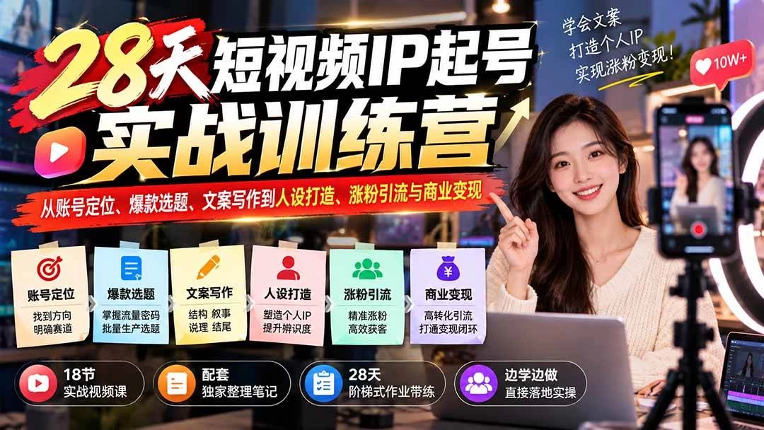 28天短视频IP起号实战训练营：从账号定位、爆款选题、文案写作到人设打造、涨粉引流与商业变现-木子项目网