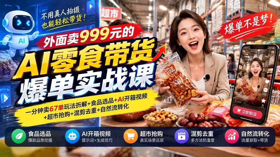 外面卖999元的AI零食带货爆单实战课｜一分钟卖67单玩法拆解+食品选品+AI开箱视频+超市抢购+混剪去重+自然流转化-木子项目网