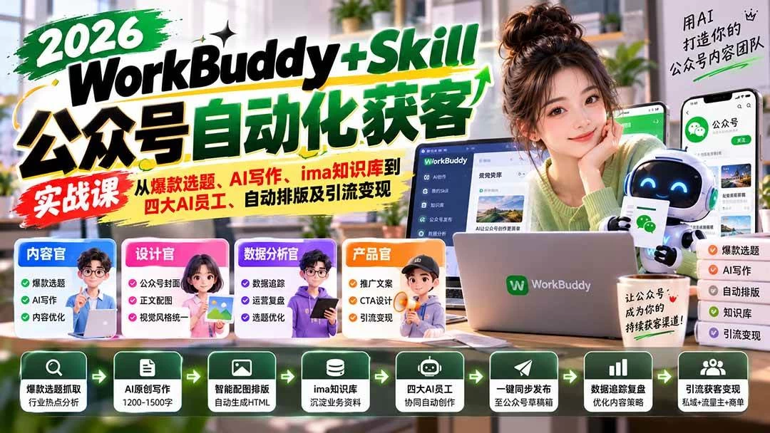 WorkBuddy + Skill公众号自动化获客实战课：从爆款选题、AI写作、ima知识库到四大AI员工、自动排版及引流变现-木子项目网