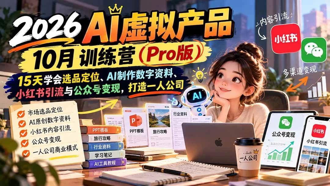 2026AI虚拟产品10月训练营（Pro版）：15天学会选品定位、AI制作数字资料、小红书引流与公众号变现，打造一人公司-木子项目网