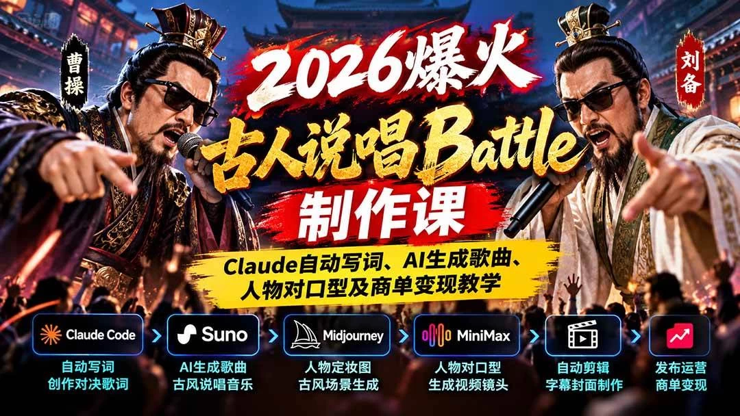 2026爆火古人说唱Battle制作课：Claude自动写词、AI生成歌曲、人物对口型及商单变现教学-木子项目网